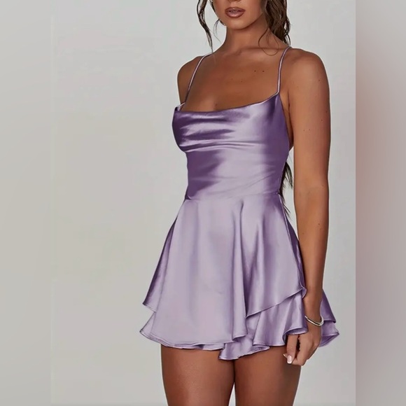 Lavender Satin Cowl Neck Backless Mini Dress - NWOT - Picture 4 of 5